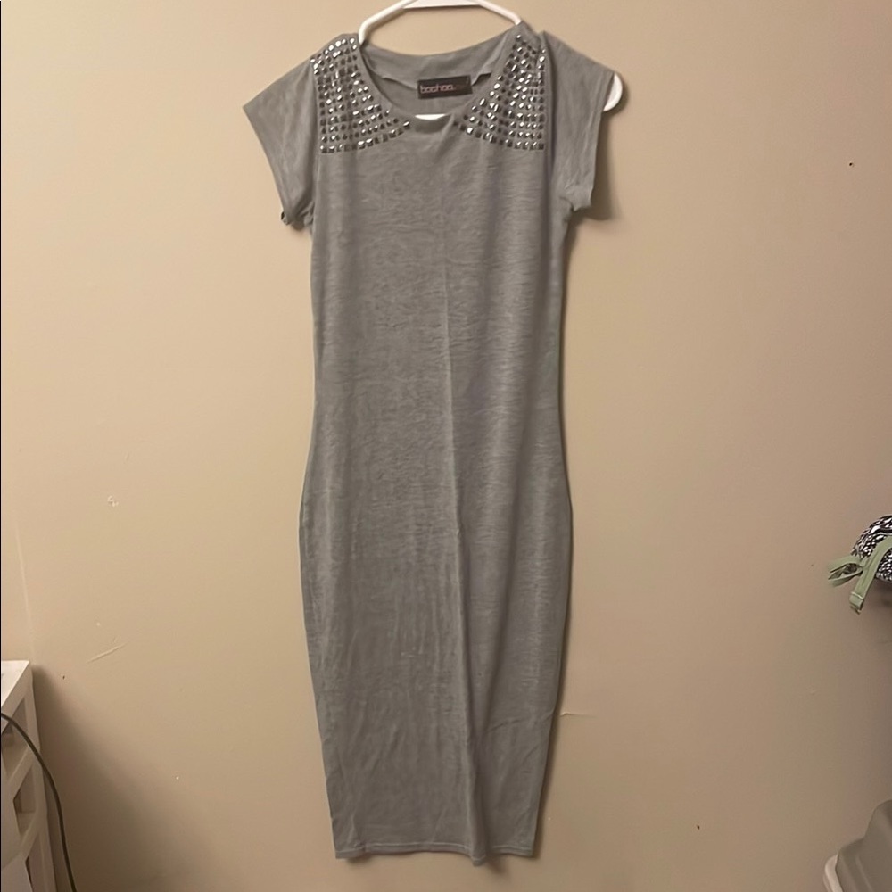 Boohoo Gray Sheath Midi Dress Cap Sleeve Crew Neck (Bin U)